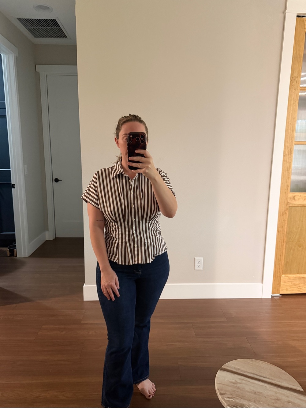 Ann Taylor Brown and White Striped Short-Sleeve Button-Up